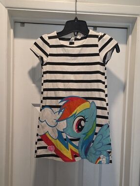 H&M Black & White Striped Kids Dress with Rainbow Pony Graphic